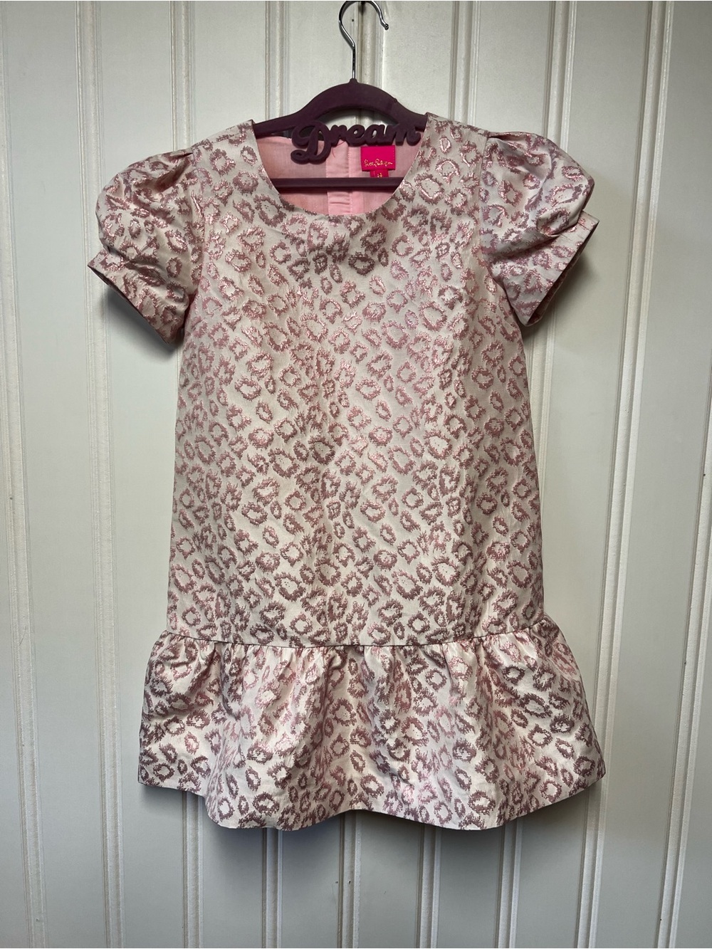 Lilly Pulitzer Girls Pink Metallic Leopard Jacquard Puff Sleeve Dress Size 14